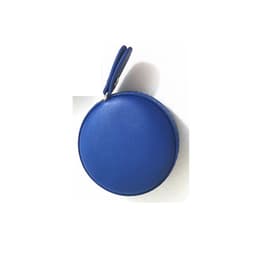 A blue circular PU mini tape measure with a small loop for attaching to keyrings, featuring a logo.