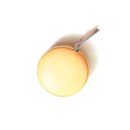 A round, yellow PU mini tape measure with a metal keyring attachment.