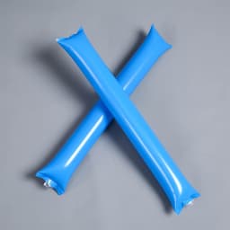 Two blue inflatable thundersticks crossed over each other on a grey background.