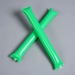Two bright green inflatable thundersticks intersecting, with a glossy finish and a small opening at one end.