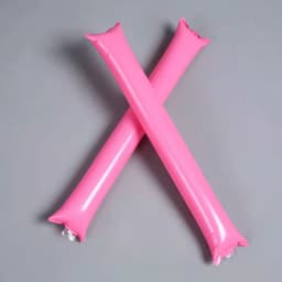 Two pink inflatable thundersticks arranged in an X shape against a grey background, featuring a logo.