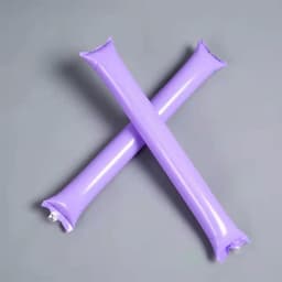 Two purple inflatable thundersticks crossed over each other, featuring a clear end for inflation.