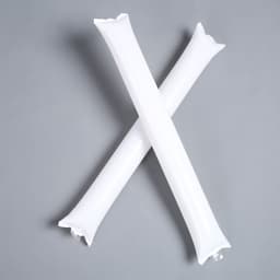 Two white inflatable thundersticks are crossed over each other against a grey background.