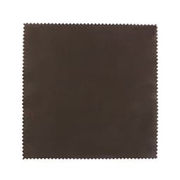 A dark brown microfiber cloth with a zigzag edge, measuring 4 x 4 inches, featuring a logo.