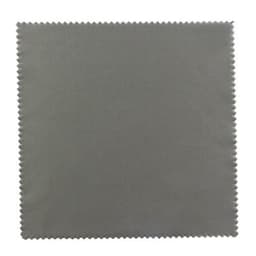 A 4 x 4 inch grey microfiber cloth with a zigzag edge, featuring a logo in the corner.