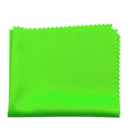 A bright green 4 x 4 inch microfiber cloth with a zigzag edge. It has a plain design and features a branding logo.