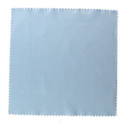 A light blue 4 x 4 inch microfiber cloth with a zigzag edge, featuring a logo in the corner.