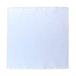 A 4 x 4 inch square microfiber cloth in light blue, featuring a scalloped edge and a logo.