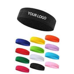 A collection of cotton headbands in various colours, including black, blue, red, green, and yellow, featuring a logo.