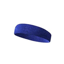A blue sports cotton headband with a smooth texture, featuring a branding logo.