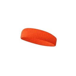 An orange cotton headband with a smooth texture, featuring a simple design and a logo.