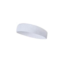 A white cotton headband with a smooth texture and a simple design, featuring a logo.
