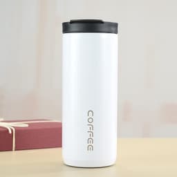 A drink bottle, white with a black lid, featuring a logo. It has a sleek, modern design.