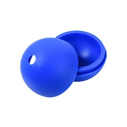 A blue silicone ice ball mould, consisting of two interlocking halves, ready for use. Features a small hole on top.