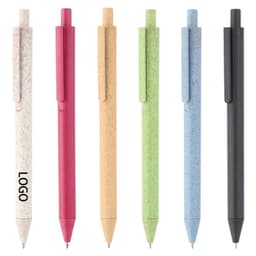 A collection of six ballpoint pens in various colours: pink, green, blue, beige, black, and a natural finish. Each has a logo.