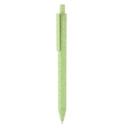 A green ballpoint pen made from recyclable wheat straw, featuring a clip and a logo.