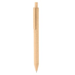 A recyclable wheat straw ballpoint pen in a light beige colour, featuring a clip and a logo.