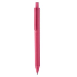 A pink ballpoint pen made from recyclable wheat straw, featuring a clip and a pointed tip.