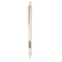 A white ballpoint pen made from recyclable wheat straw, featuring a clip and a logo.