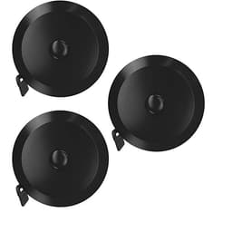 A set of three black retractable measuring tapes with a circular design. Each tape features a central button and a clip.