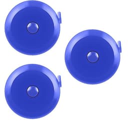 Three retractable measuring tapes in vibrant blue, featuring circular designs and a button for retraction.