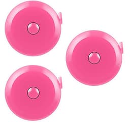 Three pink retractable measuring tapes, featuring a central button for retraction, all with a glossy finish.