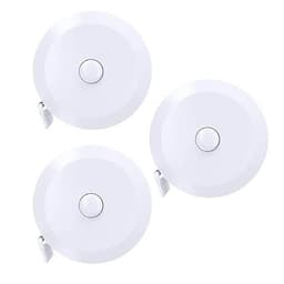 Three white retractable measuring tapes, each featuring a circular design and a central button for release.