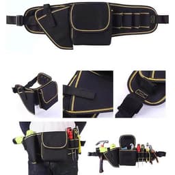 A multifunctional tools waist bag in black with yellow stitching, featuring multiple pockets and a belt attachment.