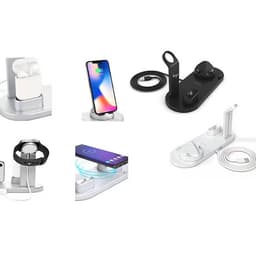 A functional wireless charger stand in black and silver, designed to charge multiple devices like phones, earbuds, and smartwatches.