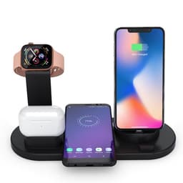 A black 3 in 1 wireless charger stand with compartments for a phone, smartwatch, and wireless earbuds.