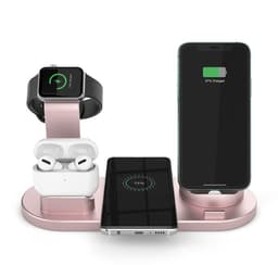 A pink 3-in-1 wireless charger stand featuring slots for a smartphone, wireless earbuds, and a smartwatch.