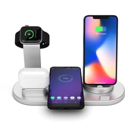 A silver 3 in 1 wireless charger stand with compartments for a smartphone, AirPods, and a smartwatch.