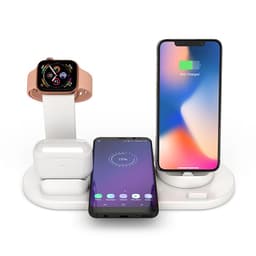 A white three-in-one wireless charger stand featuring slots for a smartwatch, wireless earbuds, and a mobile phone.
