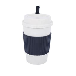 A natural wheat straw insulated coffee cup in white with a black ribbed sleeve and a lid. Features a logo.