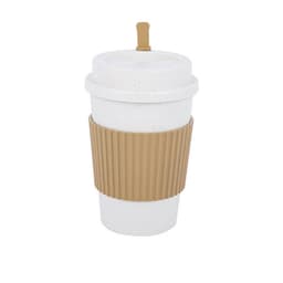 A natural wheat straw insulated coffee cup in white with a ribbed beige sleeve and a lid. Features a branding logo.