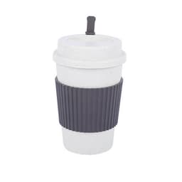 A natural wheat straw insulated coffee cup in white with a grey ribbed sleeve and a lid. It features a logo.