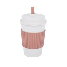 A coffee cup in white with a pink silicone grip and lid, featuring a textured design and a logo.