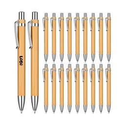 A set of retractable ballpoint pens with bamboo barrels and silver accents, featuring a logo on one pen.