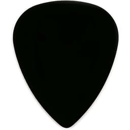 A black guitar pick with a classic teardrop shape, featuring a smooth surface and a subtle branding logo.