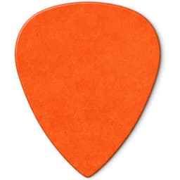 An orange guitar pick with a smooth texture, featuring a rounded triangular shape. It has a logo on one side.
