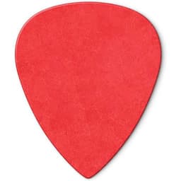 A red guitar pick with a classic teardrop shape and a smooth finish. It features a branding logo.