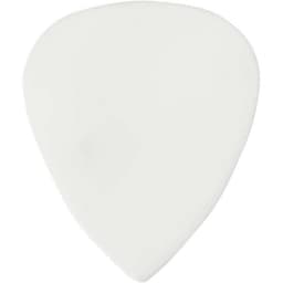 A white guitar pick with a smooth, teardrop shape, featuring a logo on one side.