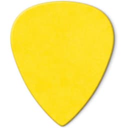 A yellow guitar pick with a classic teardrop shape, featuring a smooth surface and a subtle logo.