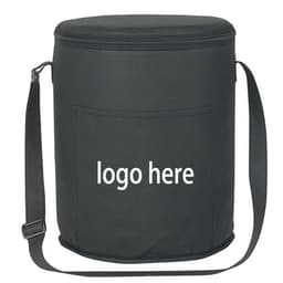 A round, portable, insulated lunch bag in black with a shoulder strap and a front pocket. It features a placeholder for a logo.