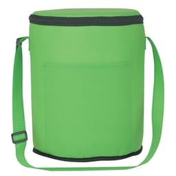 A green cylindrical insulated lunch shoulder bag with a zipper and an adjustable strap. It features a front pocket.