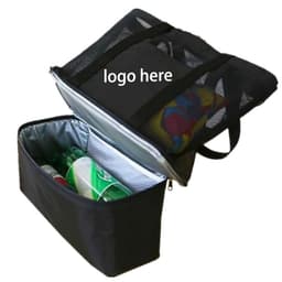 An oversized insulated cooler tote beach bag in black, featuring a mesh top and filled with drink bottles.