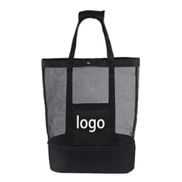 A black mesh beach tote bag cooler featuring a sturdy base and a logo. Ideal for carrying refreshments.