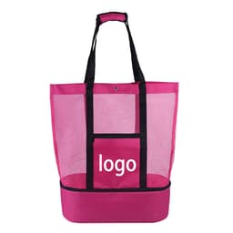 A pink mesh beach tote bag with black straps and a bottom compartment. The bag features a logo on the front.
