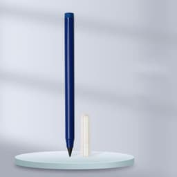 A blue pencil stands upright beside a transparent cap, displayed on a light blue circular surface.