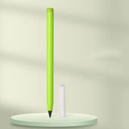 A vibrant green pencil rests vertically beside a transparent cap on a circular base against a soft background.